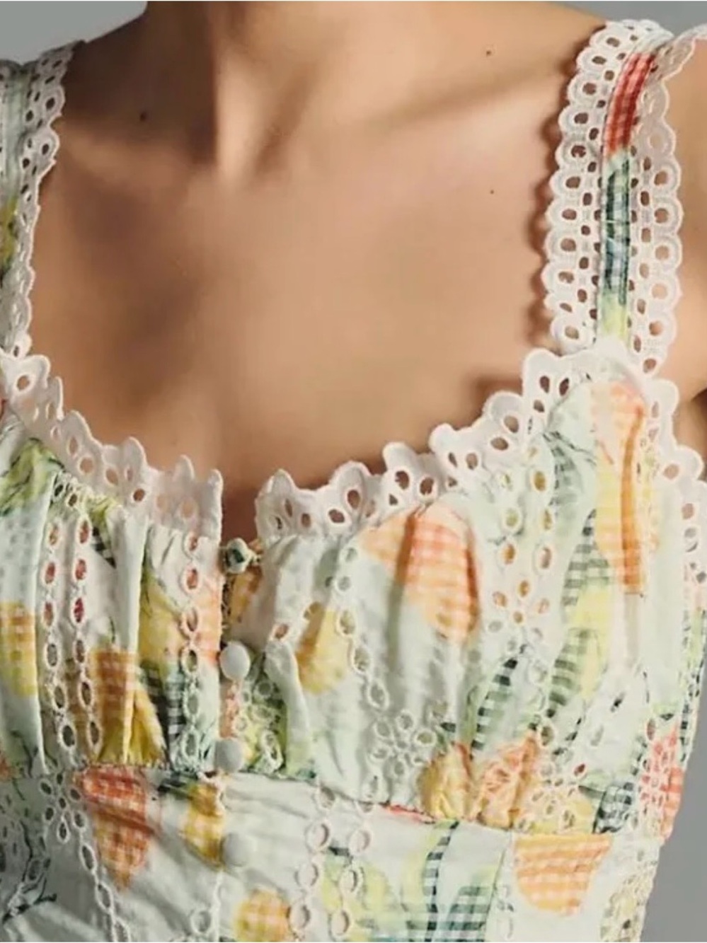 Sunny Lemon and Orange Print Eyelet sleeveless lined Midi Dress - Picture 14 of 14